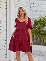 Women's Solid Color V-neck Tiered Ruffle Mini Dress