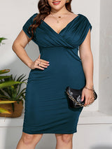 V-neck sexy waist solid color short-sleeved dress plus size women's clothing