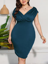 V-neck sexy waist solid color short-sleeved dress plus size women's clothing