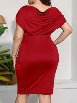 V-neck sexy waist solid color short-sleeved dress plus size women's clothing