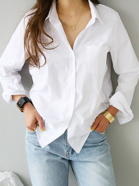 Women's Solid Color Button-up Long-sleeve Shirt