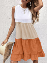 Women's loose casual stitching contrast color ruffled sleeveless vest dress