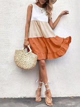 Women's loose casual stitching contrast color ruffled sleeveless vest dress