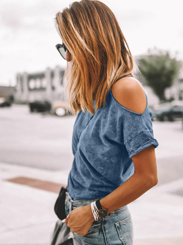 Women's Vintage Asymmetric Off Shoulder Short Sleeve T-Shirt