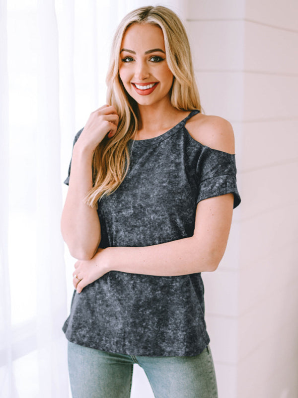Women's Vintage Asymmetric Off Shoulder Short Sleeve T-Shirt