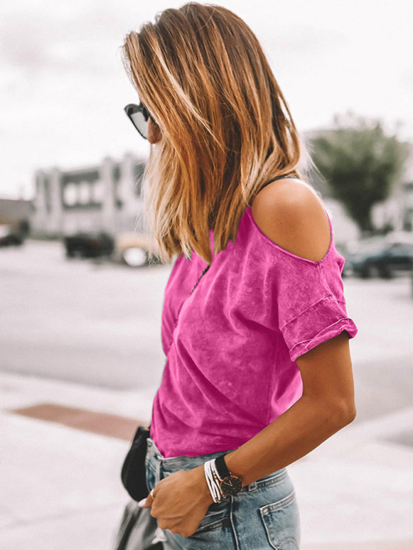Women's Vintage Asymmetric Off Shoulder Short Sleeve T-Shirt