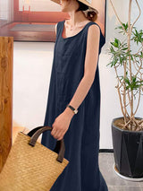Women's Cotton Linen Simple Style Loose Pocket Round Neck Temperament Sleeveless Dress