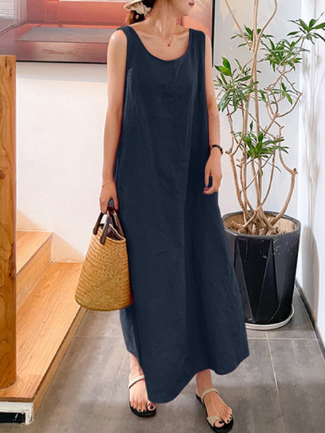 Women's Cotton Linen Simple Style Loose Pocket Round Neck Temperament Sleeveless Dress