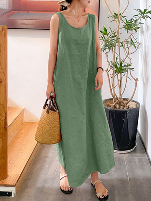 Women's Cotton Linen Simple Style Loose Pocket Round Neck Temperament Sleeveless Dress