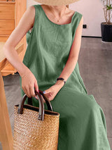 Women's Cotton Linen Simple Style Loose Pocket Round Neck Temperament Sleeveless Dress
