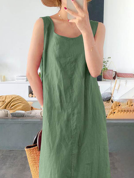 Women's Cotton Linen Simple Style Loose Pocket Round Neck Temperament Sleeveless Dress