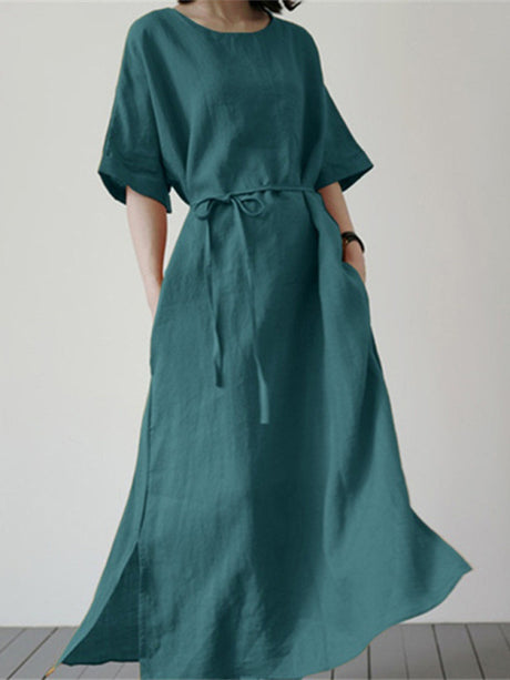 Women's Cotton Linen Loose Solid Color Short Sleeve Belt Slit Dress