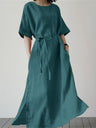 Women's Cotton Linen Loose Solid Color Short Sleeve Belt Slit Dress