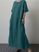 Women's Cotton Linen Loose Solid Color Short Sleeve Belt Slit Dress