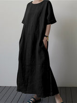 Women's Cotton Linen Loose Solid Color Short Sleeve Belt Slit Dress