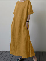 Women's Cotton Linen Loose Solid Color Short Sleeve Belt Slit Dress