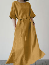 Women's Cotton Linen Loose Solid Color Short Sleeve Belt Slit Dress