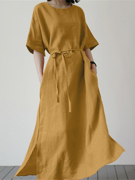 Women's Cotton Linen Loose Solid Color Short Sleeve Belt Slit Dress