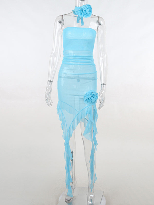 Sexy mesh see-through flower tube top dress