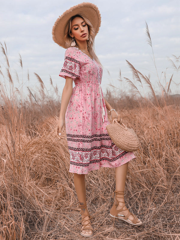 Women's Bohemian Short Sleeve V-Neck Floral Dress