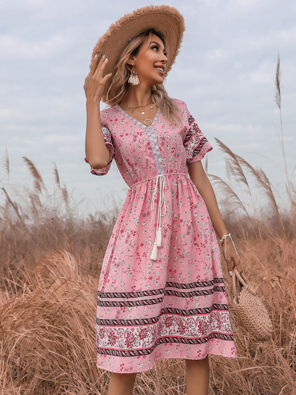 Women's Bohemian Short Sleeve V-Neck Floral Dress
