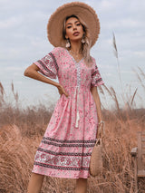Women's Bohemian Short Sleeve V-Neck Floral Dress