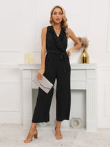 Women's Sleeveless V Neck Ruffle Lace Pleated Jumpsuit