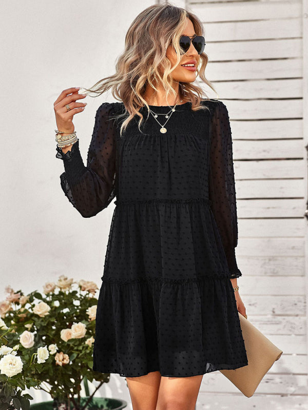 Women's Solid Color Clip Dot Long Sleeve Chiffon Mini Dress