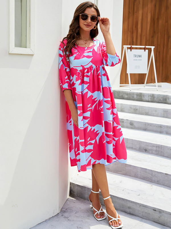 Women's woven loose round neck printing dress