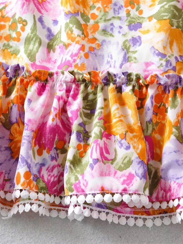 Opulence EmpórionBack tie design sexy backless dress fresh and sweet short skirt popular ruffled print A-line skirt