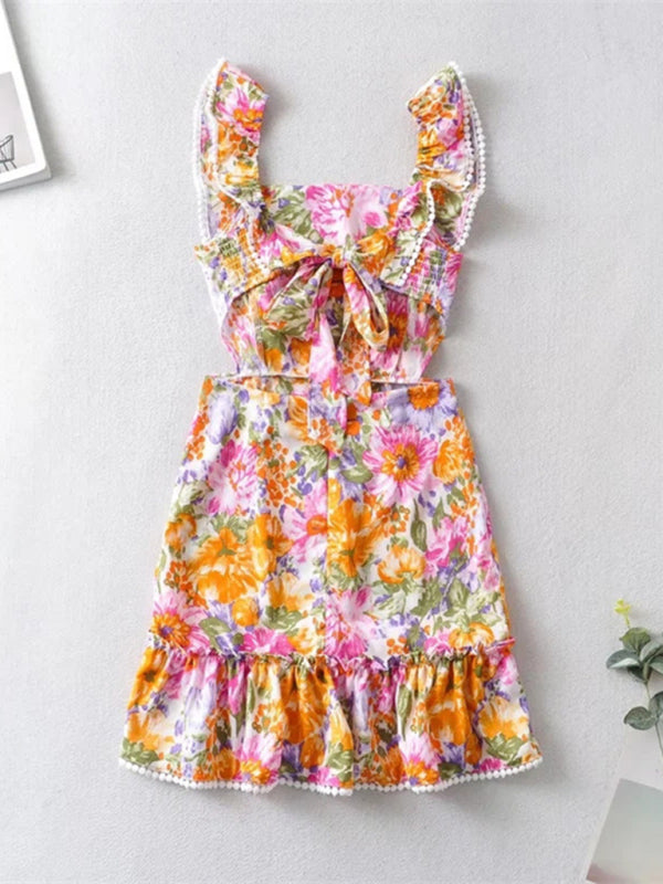 Opulence EmpórionBack tie design sexy backless dress fresh and sweet short skirt popular ruffled print A-line skirt