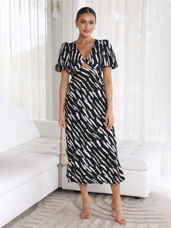 Women's Printed Twist Front Cutout Puff Sleeve Midi Dress