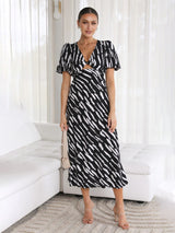 Women's Printed Twist Front Cutout Puff Sleeve Midi Dress