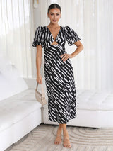 Women's Printed Twist Front Cutout Puff Sleeve Midi Dress