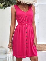 Solid Color Sleeveless Vest Button Round Neck Strapless Waist Dress