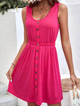 Solid Color Sleeveless Vest Button Round Neck Strapless Waist Dress