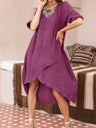 Casual cotton linen round neck solid color three-quarter sleeves loose mid-length dress