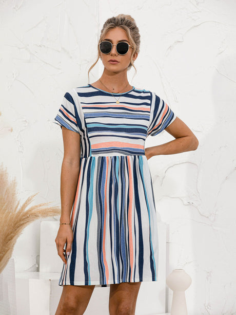 Women's color striped short sleeve loose dress