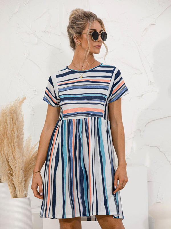 Women's color striped short sleeve loose dress