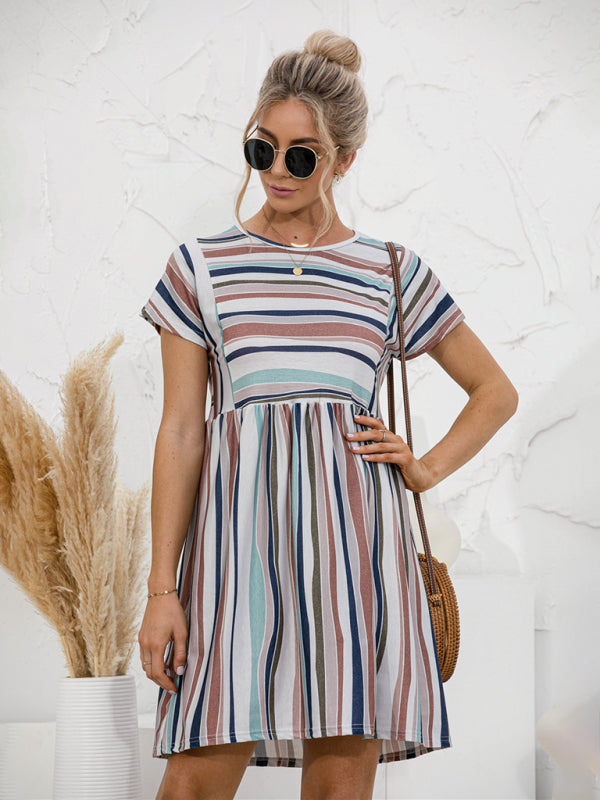 Women's color striped short sleeve loose dress