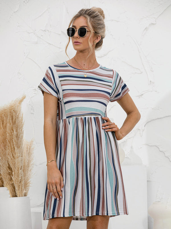 Women's color striped short sleeve loose dress