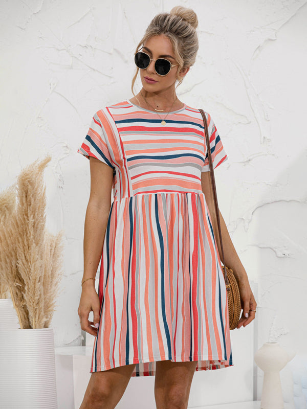 Women's color striped short sleeve loose dress