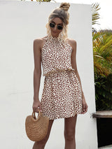 Women's woven off-the-shoulder halter strap heart-shaped print mini dress