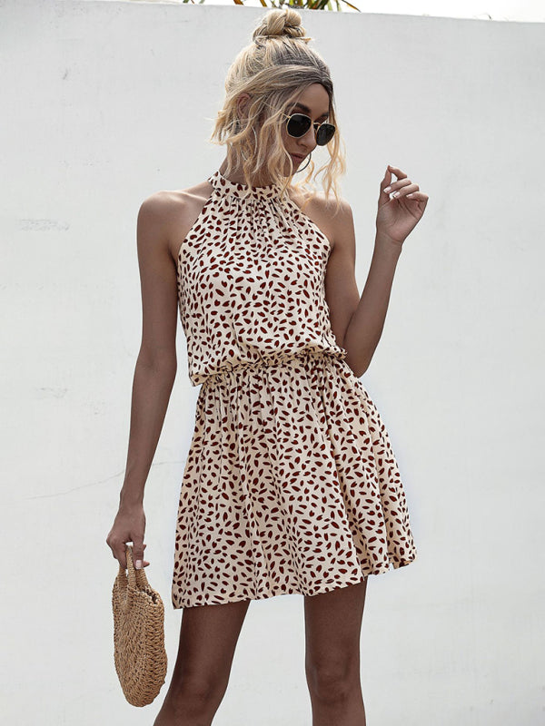 Women's woven off-the-shoulder halter strap heart-shaped print mini dress
