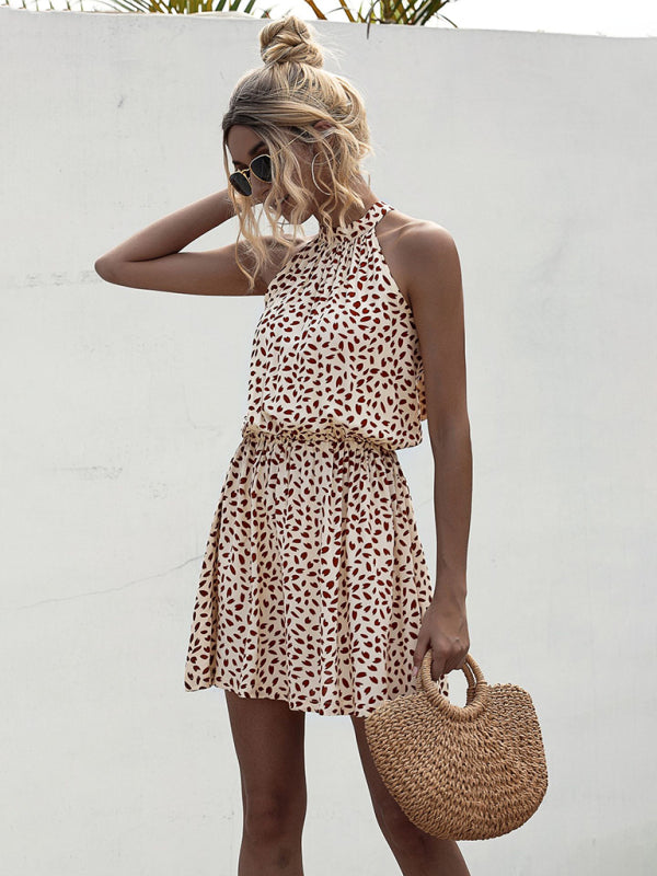 Women's woven off-the-shoulder halter strap heart-shaped print mini dress