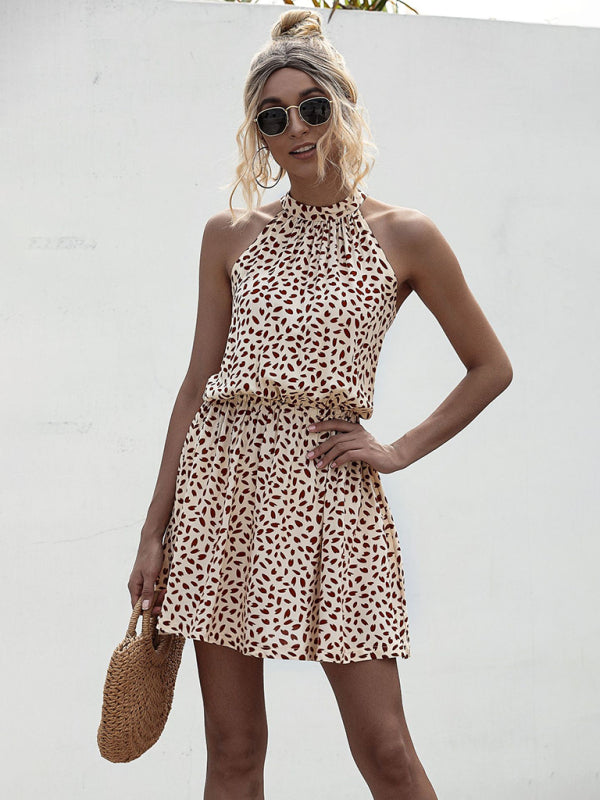 Women's woven off-the-shoulder halter strap heart-shaped print mini dress