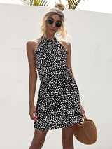 Women's woven off-the-shoulder halter strap heart-shaped print mini dress