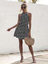 Women's woven off-the-shoulder halter strap heart-shaped print mini dress