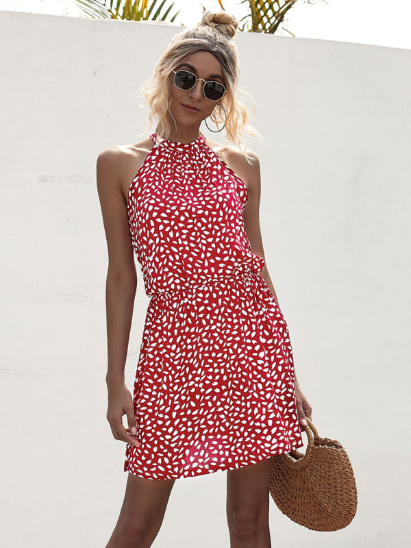 Women's woven off-the-shoulder halter strap heart-shaped print mini dress