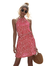 Women's woven off-the-shoulder halter strap heart-shaped print mini dress